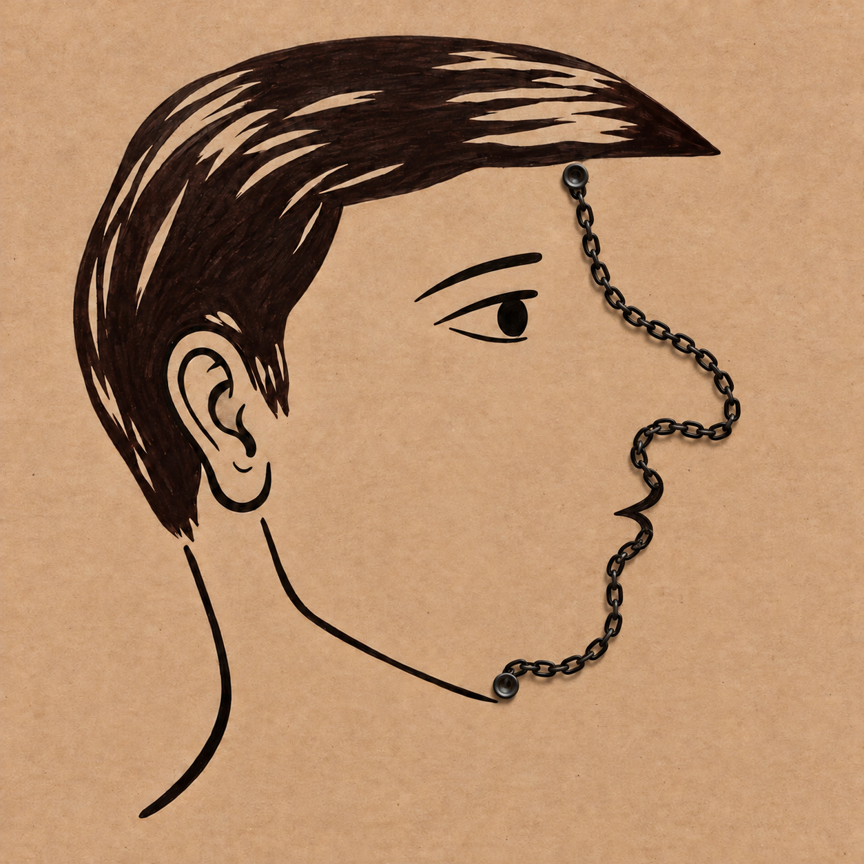 Illustration of a face with a profile formed by a movable metal chain.