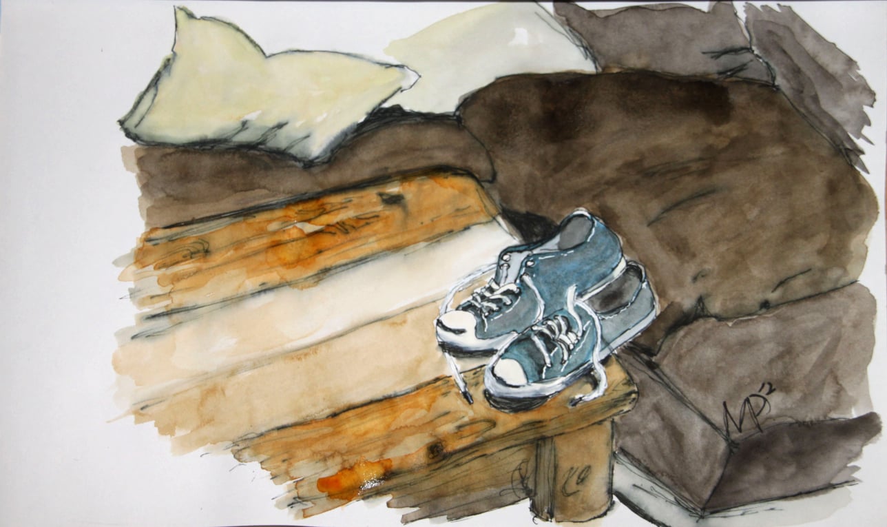 Aquarell von Schuhen auf dem Tisch