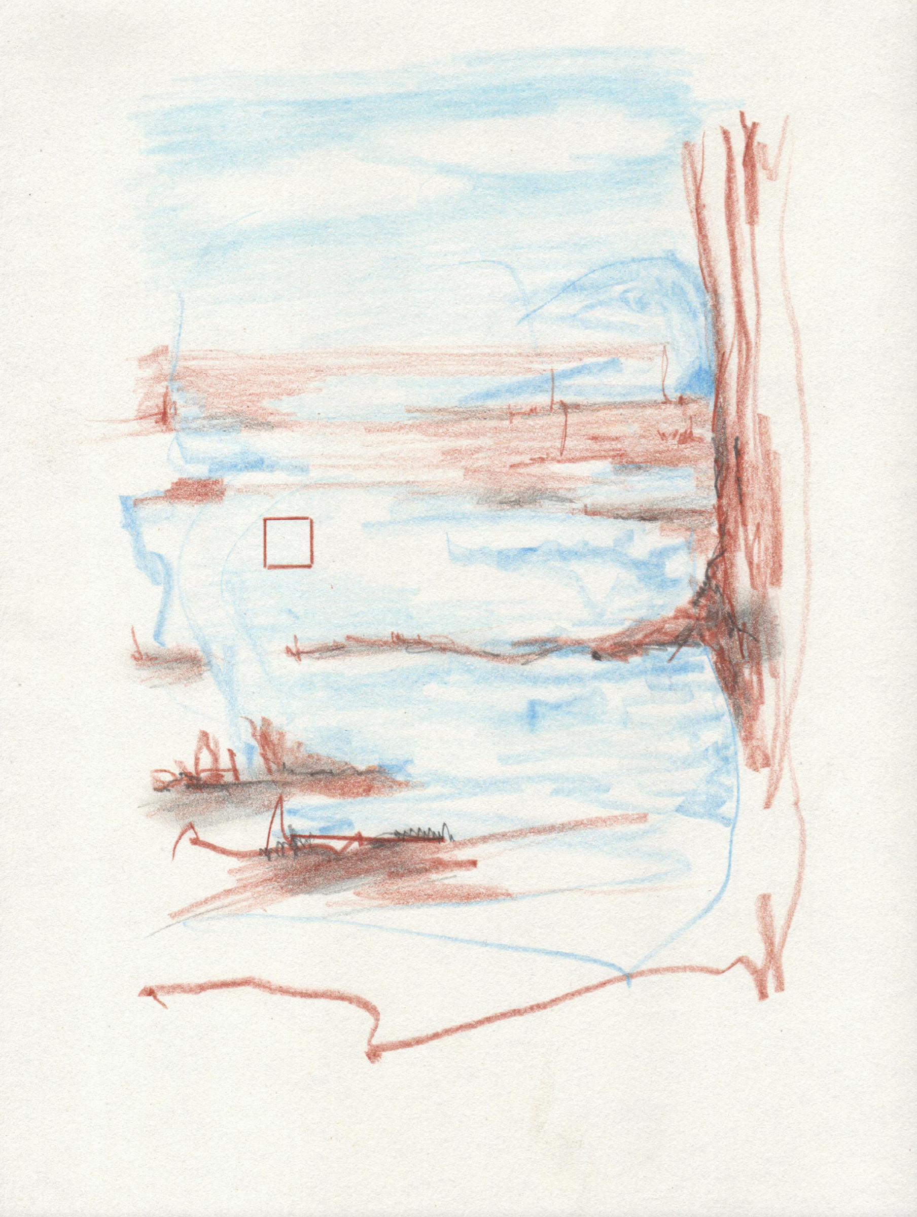 An intuitive work on paper by Marcel Plagmann, with black, earthy and blue marks.